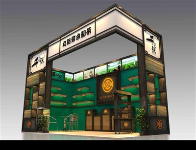 18平米展臺設(shè)計制作：二面開口/田園/木質(zhì)結(jié)構(gòu)/綠色，為茶博會展商而作（免費使用）