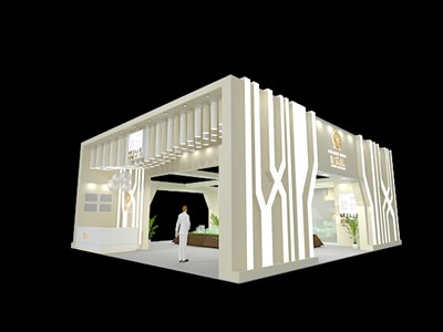 120平米展臺設(shè)計(jì)制作：三面開口/現(xiàn)代/木質(zhì)結(jié)構(gòu)/白色，為房產(chǎn)展展商而作（免費(fèi)使用）