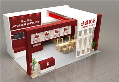 54平米展臺設計制作：三面開口/現(xiàn)代/木質(zhì)結構/紅色，為茶博會展商而作（免費使用）