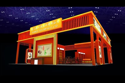 180平米展臺設(shè)計制作：四面開口/中式/木質(zhì)結(jié)構(gòu)/紅色，為茶博會展商而作（免費使用）