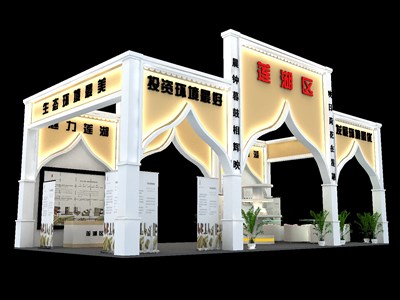 72平米展臺設(shè)計制作：四面開口/現(xiàn)代/木質(zhì)結(jié)構(gòu)/米色，為成就招商展展商而作（免費(fèi)使用）