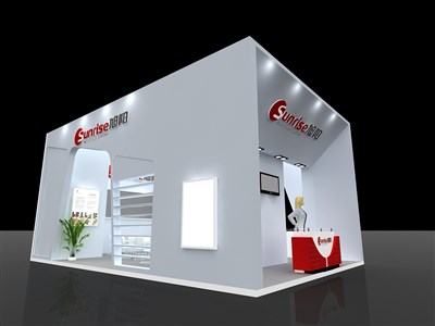 54平米展臺設(shè)計(jì)制作：三面開口/現(xiàn)代/木質(zhì)結(jié)構(gòu)/白色，為化工展展商而作（免費(fèi)使用）