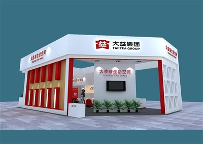 135平米展臺設(shè)計制作：三面開口/現(xiàn)代/木質(zhì)結(jié)構(gòu)/紅色，為茶博會展商而作（免費(fèi)使用）