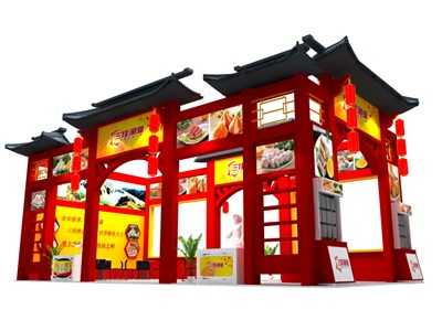72平米展臺設(shè)計制作：二面開口/中式/木質(zhì)結(jié)構(gòu)/紅色，為漁博會展商而作（免費使用）