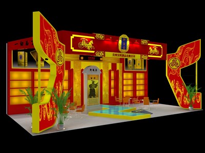 72平米展臺(tái)設(shè)計(jì)制作：三面開口/中式/木質(zhì)結(jié)構(gòu)/紅色，為糖酒展展商而作（免費(fèi)使用）