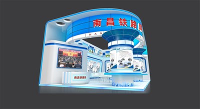 84平米展臺設計制作：二面開口/前衛(wèi)/木質結構/藍色，為交通物流展展商而作（免費使用）