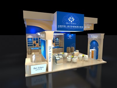 100平米展臺設計制作：三面開口/現(xiàn)代/木質結構/米色，為食品展展商而作（免費使用）