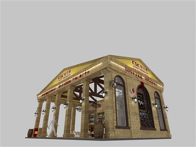 96平米展臺設(shè)計制作：二面開口/歐式/木質(zhì)結(jié)構(gòu)/米色，為糖酒展展商而作（免費使用）