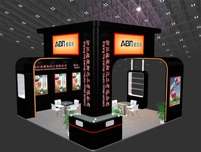 36平米展臺設(shè)計(jì)制作：三面開口/現(xiàn)代/木質(zhì)結(jié)構(gòu)/黑色，為化工展展商而作（免費(fèi)使用）
