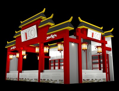 54平米展臺設(shè)計制作：二面開口/中式/木質(zhì)結(jié)構(gòu)/紅色，為糖酒展展商而作（免費使用）