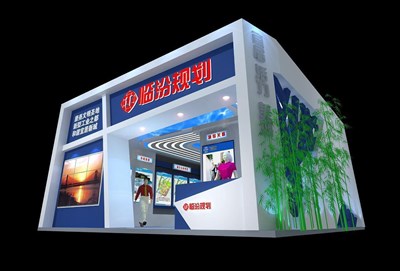 72平米展臺設(shè)計制作：一面開口/現(xiàn)代/木質(zhì)結(jié)構(gòu)/藍(lán)色，為成就招商展展商而作（免費(fèi)使用）