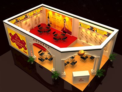 39.8平米展臺設(shè)計制作：三面開口/歐式/木質(zhì)結(jié)構(gòu)/米色，為糖酒展展商而作（免費使用）