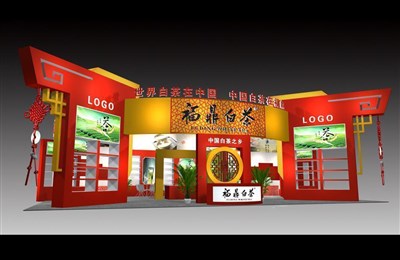 204平米展臺(tái)設(shè)計(jì)制作：三面開口/中式/木質(zhì)結(jié)構(gòu)/紅色，為茶博會(huì)展商而作（免費(fèi)使用）