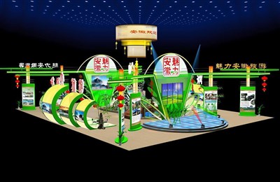 720平米展臺設(shè)計制作：四面開口/前衛(wèi)/型材結(jié)構(gòu)/綠色，為旅游展展商而作（免費使用）