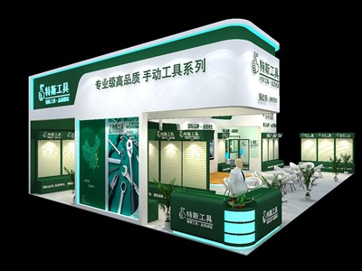 135平米展臺(tái)設(shè)計(jì)制作：三面開(kāi)口/現(xiàn)代/木質(zhì)結(jié)構(gòu)/綠色，為工具展展商而作（免費(fèi)使用）