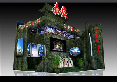 70平米展臺設(shè)計制作：二面開口/田園/木質(zhì)結(jié)構(gòu)/綠色，為旅游展展商而作（免費使用）