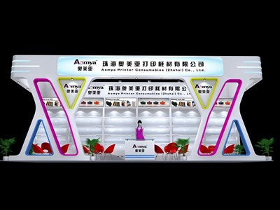 44平米展臺設(shè)計(jì)制作：三面開口/現(xiàn)代/木質(zhì)結(jié)構(gòu)/白色，為廣告展展商而作（免費(fèi)使用）