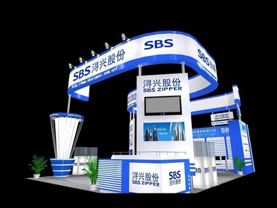 54平米展臺設(shè)計制作：三面開口/現(xiàn)代/木質(zhì)結(jié)構(gòu)/藍(lán)色，為服裝展展商而作（免費使用）