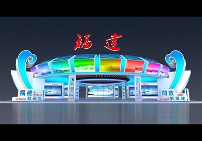 990平米展臺(tái)設(shè)計(jì)制作：四面開(kāi)口/現(xiàn)代/木質(zhì)結(jié)構(gòu)/藍(lán)色，為旅游展展商而作（免費(fèi)使用）