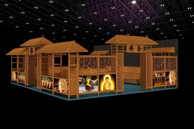67.5平米展臺(tái)設(shè)計(jì)制作：四面開口/中式/木質(zhì)結(jié)構(gòu)/咖啡色，為旅游展展商而作（免費(fèi)使用）