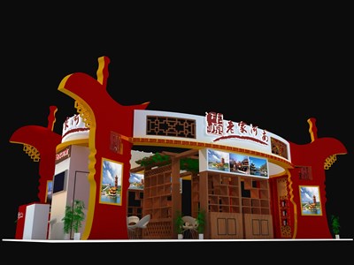 72平米展臺設(shè)計制作：四面開口/中式/木質(zhì)結(jié)構(gòu)/紅色，為旅游展展商而作（免費(fèi)使用）
