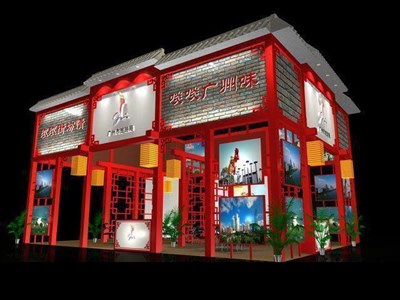 108平米展臺設(shè)計制作：三面開口/中式/木質(zhì)結(jié)構(gòu)/紅色，為旅游展展商而作（免費(fèi)使用）