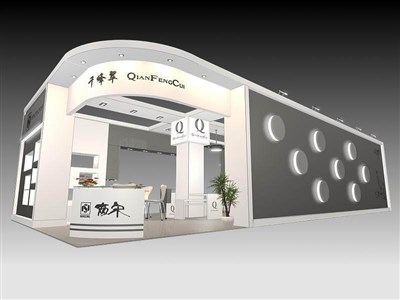 90平米展臺設計制作：二面開口/現(xiàn)代/木質(zhì)結(jié)構(gòu)/灰色，為工藝品展展商而作（免費使用）