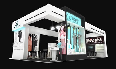 72平米展臺(tái)設(shè)計(jì)制作：三面開口/現(xiàn)代/木質(zhì)結(jié)構(gòu)/白色，為服裝展展商而作（免費(fèi)使用）