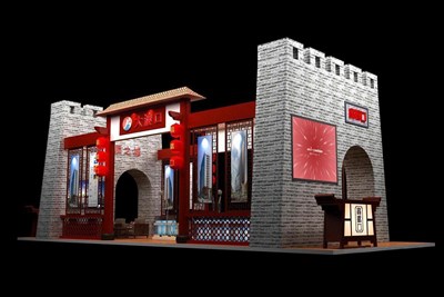 90平米展臺(tái)設(shè)計(jì)制作：四面開(kāi)口/中式/木質(zhì)結(jié)構(gòu)/灰色，為旅游展展商而作（免費(fèi)使用）