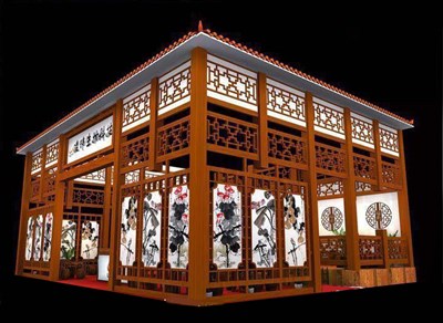 75平米展臺(tái)設(shè)計(jì)制作：三面開口/中式/木質(zhì)結(jié)構(gòu)/咖啡色，為工藝品展展商而作（免費(fèi)使用）