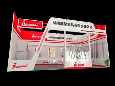 72平米展臺設計制作：一面開口/現(xiàn)代/木質(zhì)結構/紅色，為釣具展展商而作（免費使用）