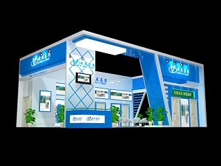 96平米展臺設(shè)計(jì)制作：三面開口/現(xiàn)代/木質(zhì)結(jié)構(gòu)/藍(lán)色，為建材展展商而作（免費(fèi)使用）