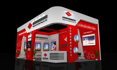 60平米展臺(tái)設(shè)計(jì)制作：二面開(kāi)口/現(xiàn)代/木質(zhì)結(jié)構(gòu)/紅色，為建材展展商而作（免費(fèi)使用）