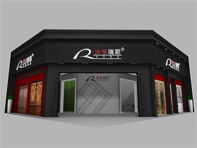120平米展臺設計制作：一面開口/現(xiàn)代/木質(zhì)結構/黑色，為建材展展商而作（免費使用）