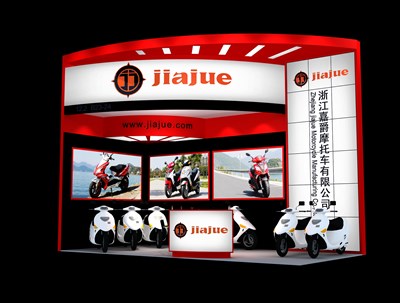 18平米展臺設(shè)計制作：二面開口/現(xiàn)代/木質(zhì)結(jié)構(gòu)/紅色，為單/摩托車展商而作（免費使用）