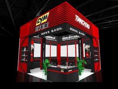 36平米展臺設計制作：二面開口/現(xiàn)代/木質(zhì)結(jié)構(gòu)/紅色，為五金展展商而作（免費使用）