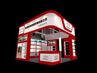 36平米展臺設(shè)計制作：三面開口/現(xiàn)代/木質(zhì)結(jié)構(gòu)/紅色，為鞋箱包展展商而作（免費使用）