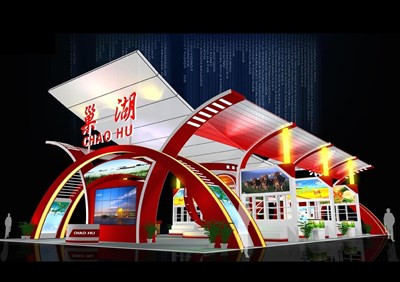 405平米展臺設計制作：四面開口/現(xiàn)代/型材結(jié)構(gòu)/紅色，為農(nóng)交會展商而作（免費使用）