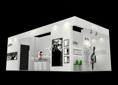 72平米展臺設計制作：二面開口/現代/木質結構/米色，為鞋箱包展展商而作（免費使用）