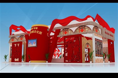 216平米展臺設(shè)計制作：四面開口/現(xiàn)代/木質(zhì)結(jié)構(gòu)/紅色，為文博會展商而作（免費使用）