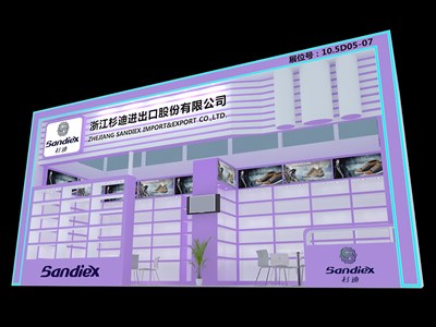 27平米展臺設計制作：一面開口/現(xiàn)代/木質結構/紫色，為鞋箱包展展商而作（免費使用）