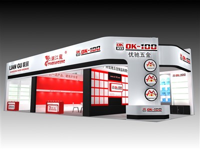 90平米展臺設(shè)計制作：二面開口/現(xiàn)代/木質(zhì)結(jié)構(gòu)/白色，為五金展展商而作（免費使用）