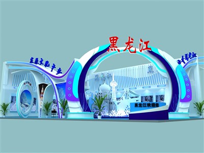 135平米展臺設(shè)計制作：三面開口/前衛(wèi)/型材結(jié)構(gòu)/藍(lán)色，為文博會展商而作（免費(fèi)使用）