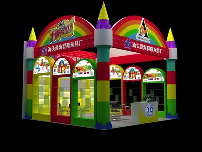 36平米展臺設(shè)計制作：一面開口/卡通/木質(zhì)結(jié)構(gòu)/彩色，為玩具展展商而作（免費使用）