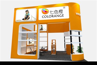 36平米展臺(tái)設(shè)計(jì)制作：三面開(kāi)口/現(xiàn)代/木質(zhì)結(jié)構(gòu)/橙色，為玩具展展商而作（免費(fèi)使用）