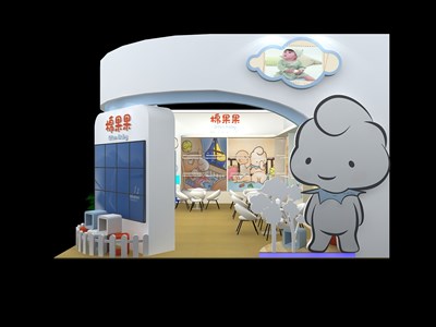 54平米展臺(tái)設(shè)計(jì)制作：二面開(kāi)口/卡通/木質(zhì)結(jié)構(gòu)/紫色，為嬰幼展展商而作（免費(fèi)使用）