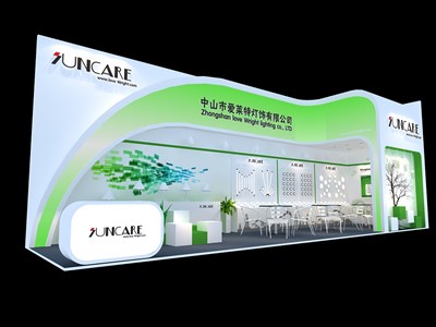 36平米展臺設計制作：二面開口/現(xiàn)代/木質(zhì)結(jié)構(gòu)/綠色，為照明展展商而作（免費使用）