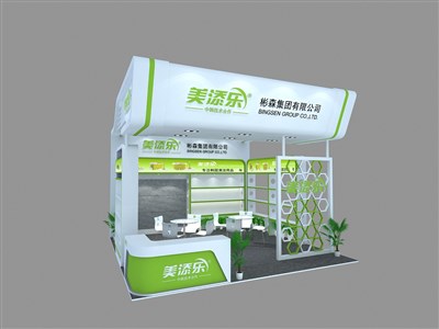 36平米展臺設(shè)計制作：一面開口/現(xiàn)代/木質(zhì)結(jié)構(gòu)/綠色，為日用品展展商而作（免費使用）