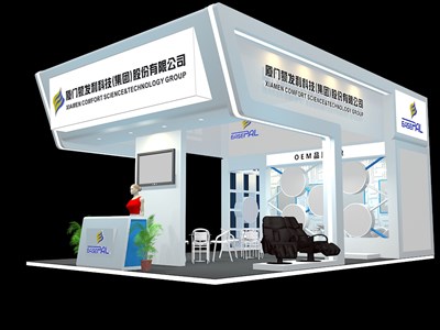 54平米展臺設計制作：三面開口/現(xiàn)代/木質結構/白色，為體博會展商而作（免費使用）