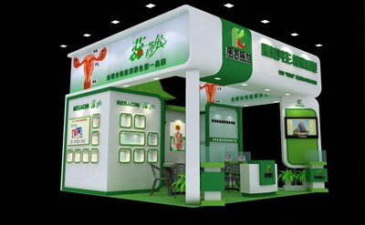 36平米展臺設(shè)計制作：三面開口/現(xiàn)代/木質(zhì)結(jié)構(gòu)/綠色，為美博會展商而作（免費(fèi)使用）